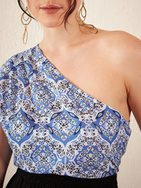 DENNISON Ethnic Motifs Printed Pure Cotton One Shoulder Top