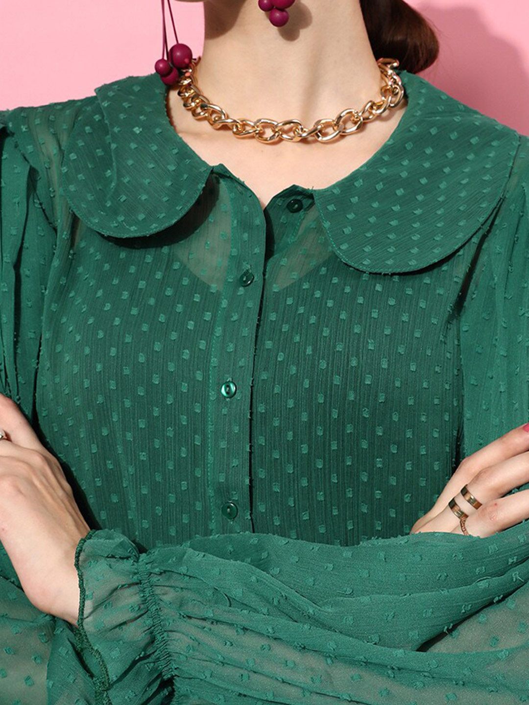 STREET 9 Women Green Sheer Dobby Printed Casual Shirt