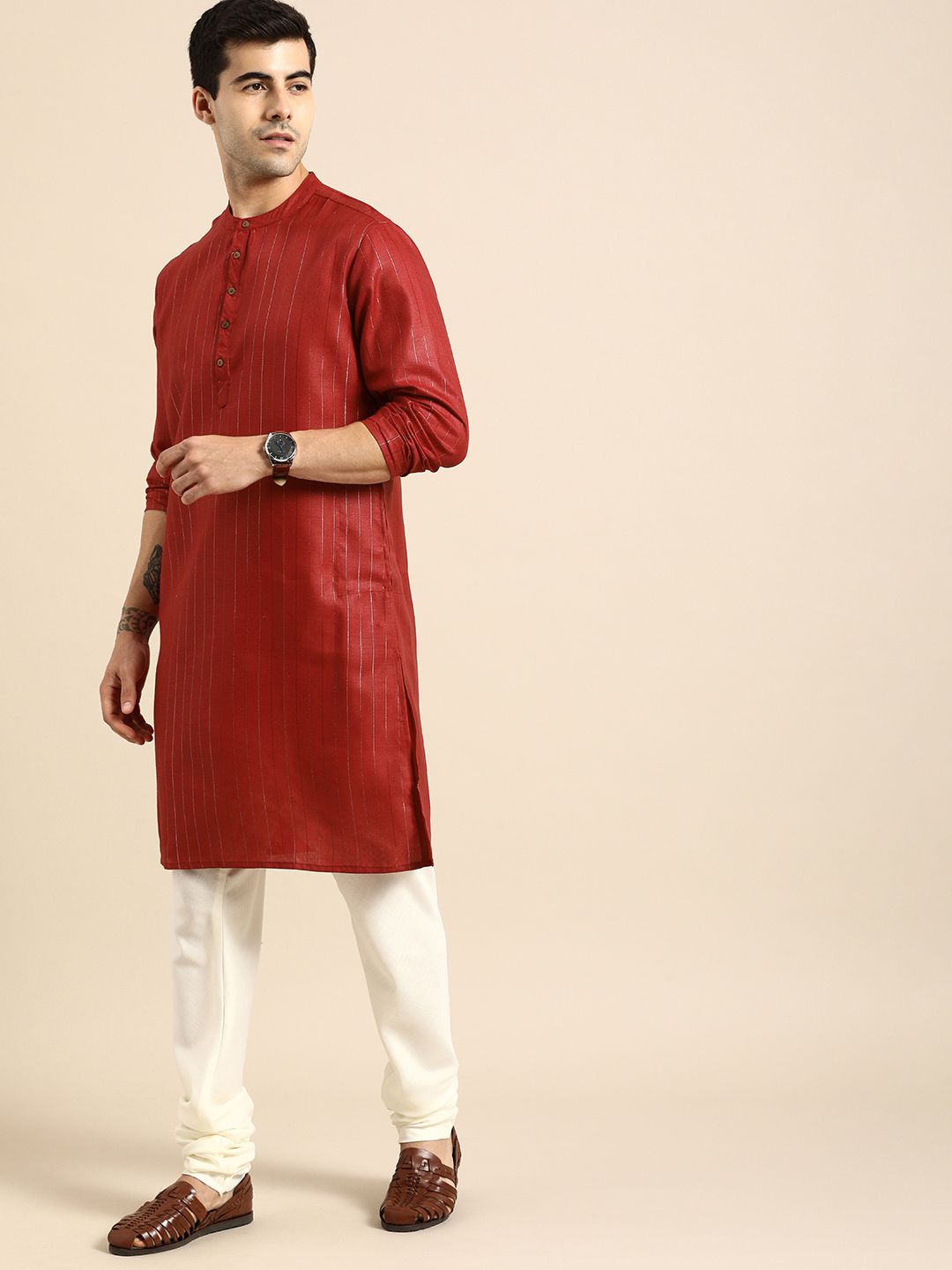 Anouk Men Red & Gold-Coloured Striped Straight Kurta