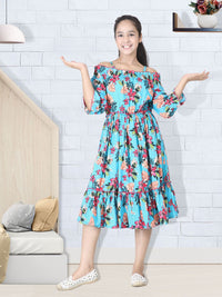 Cutiekins Girls Blue & Red Printed Fit & Flare Dress