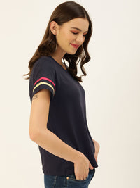 DressBerry Women Navy Blue Solid Round Neck T-shirt