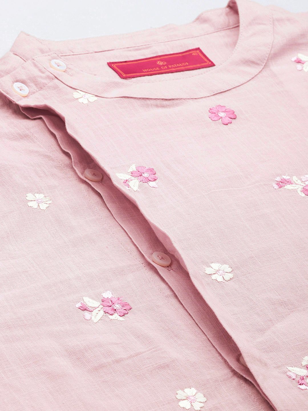 House of Pataudi Floral Embroidered Band Collar Pure Cotton Jashn Kurta