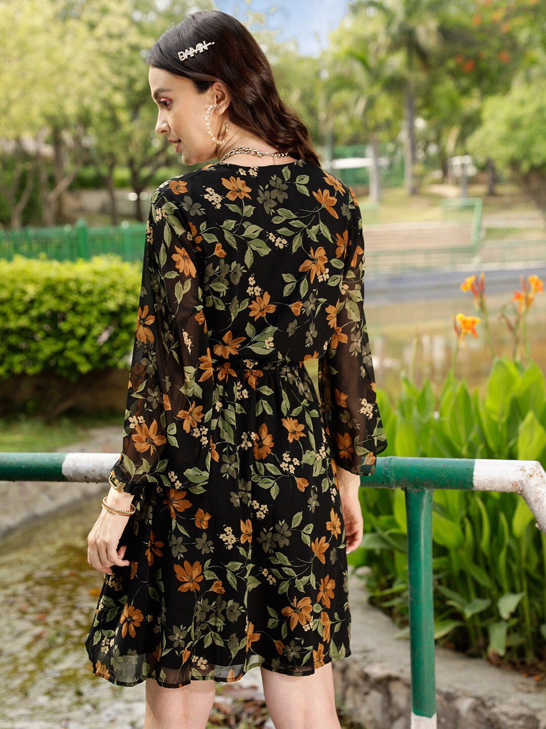 STREET 9 Black & Green Floral Printed Wrap Dress