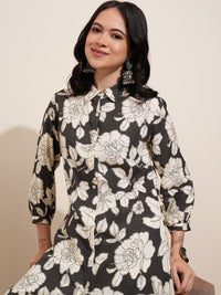 Vishudh Black Floral Printed Pure Cotton Longline Shirt With Palazzos