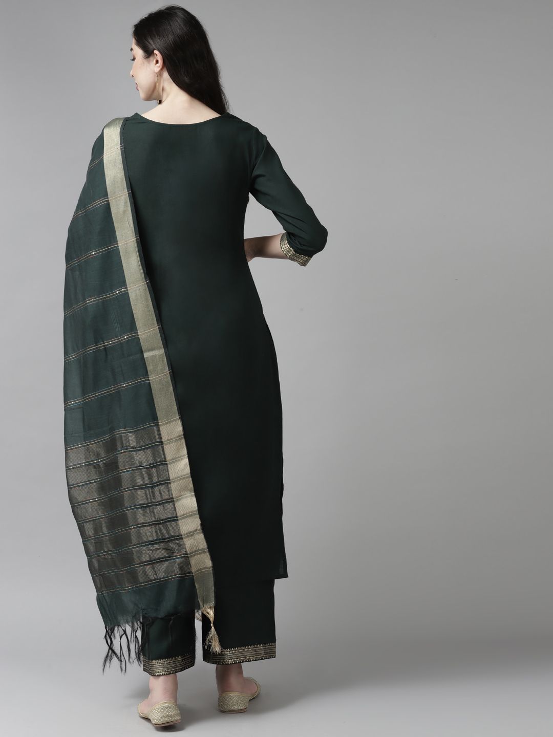 Indo Era Women Green Yoke Design Regular Kurta with Palazzos & Dupatta