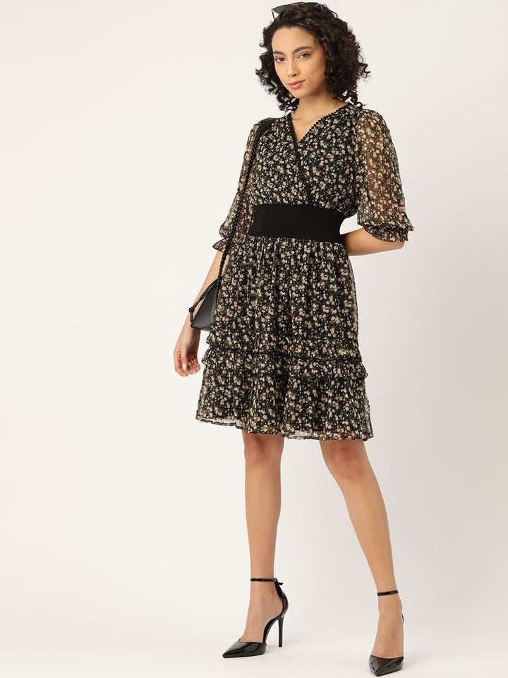 Antheaa Women Black & Green Floral Print Smocked Wrap Dress