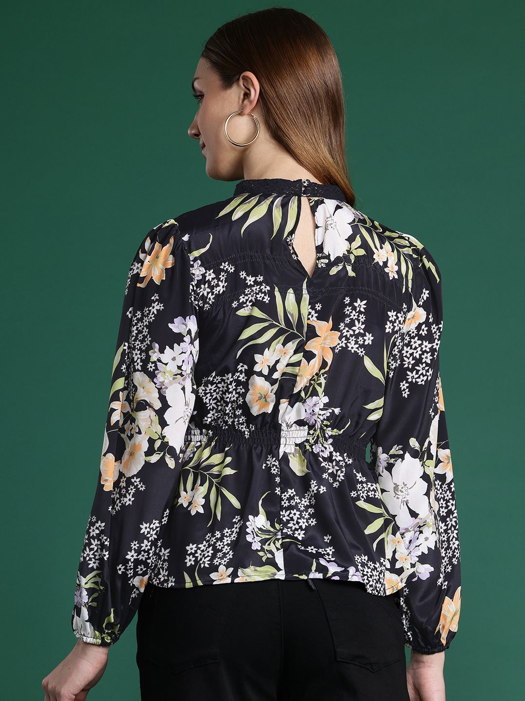 DressBerry Floral Print Puff Sleeves A-Line Top With Lace-Insert Detailing