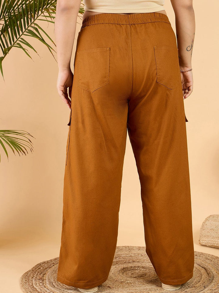 CURVY STREET Women Plus Size Brown Loose Fit Mid-Rise Plain Wide Leg Cotton Trousers