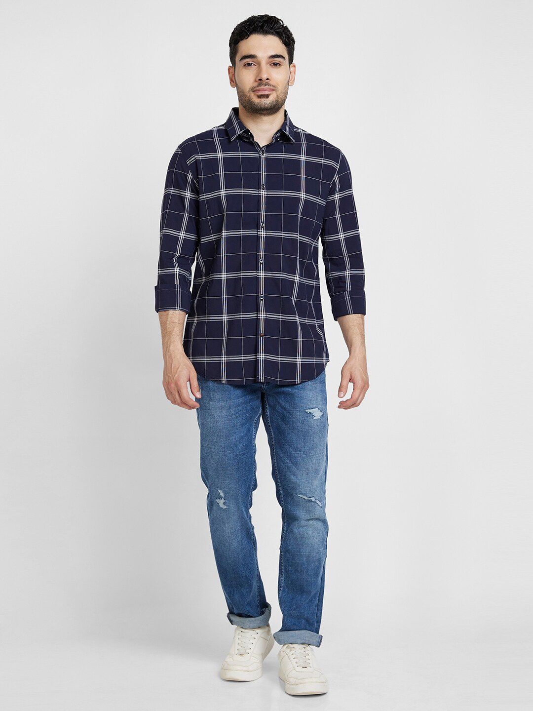 SPYKAR Classic Windowpane Checked Pure Cotton Casual Shirt