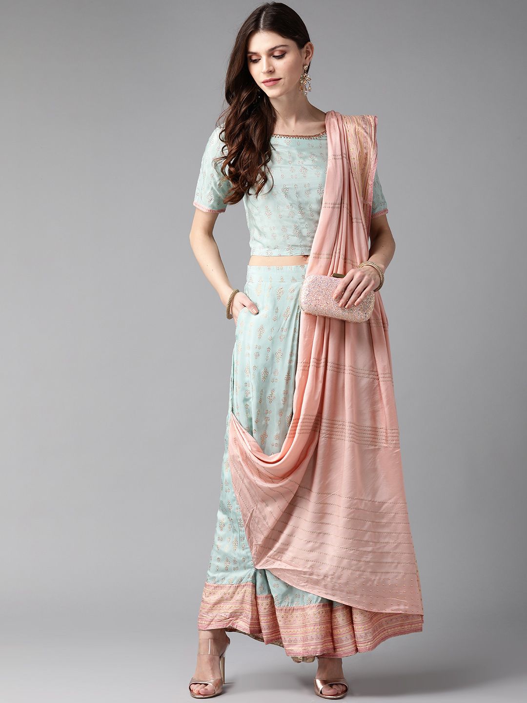 W Women Blue & Peach-Coloured Printed Top with  With Attached Dupatta