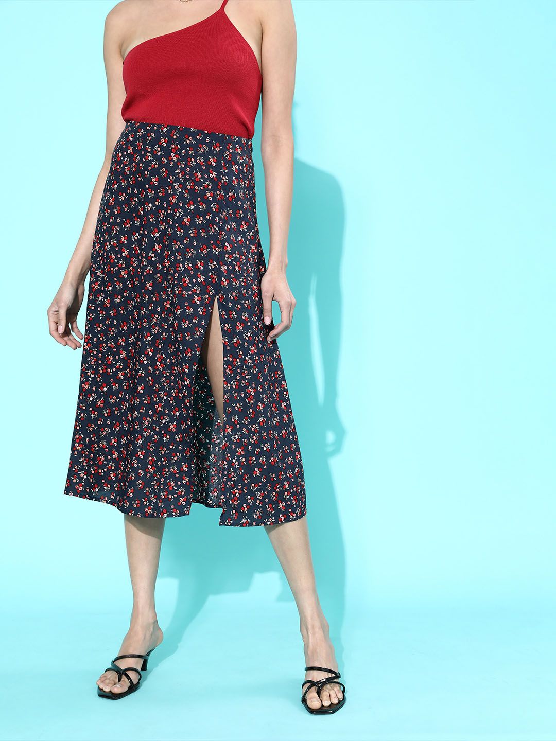 Berrylush Navy Blue Micro or Ditsy Floral Printed Polyester Crepe Casual Midi Flared Skirt
