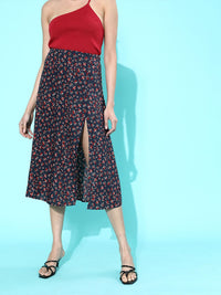 Berrylush Navy Blue Micro or Ditsy Floral Printed Polyester Crepe Casual Midi Flared Skirt