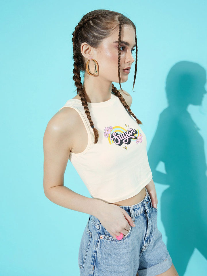 DressBerry Misty White Print Cotton Hollaback Neck It Is Crop Tank Top