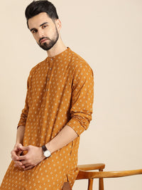 Anouk Men Mustard Yellow & White Geometric Printed Kurta