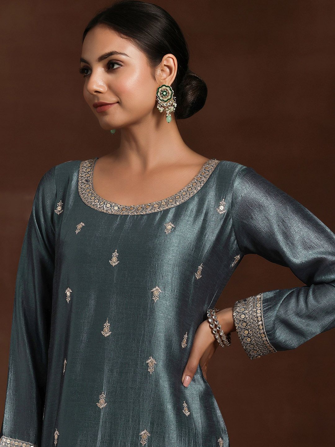 Libas Floral Embroidered Zari Kurta with Palazzos & With Dupatta