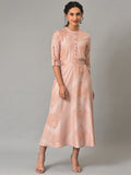 W Pink Mandarin Collar Striped A-Line Midi Fit and Flare Dress