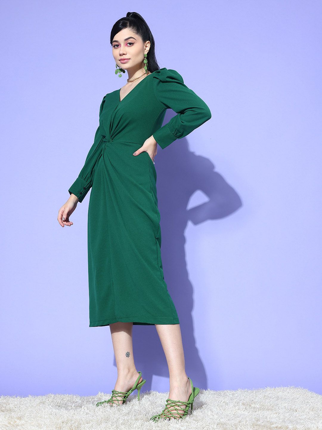 Antheaa Puff Sleeve A-Line Midi Dress