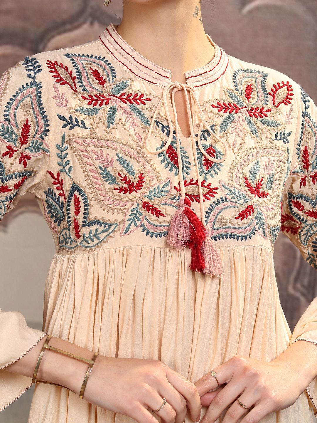 Vishudh Embroidered Tie-Up Neck Bell Sleeves Maxi Dress