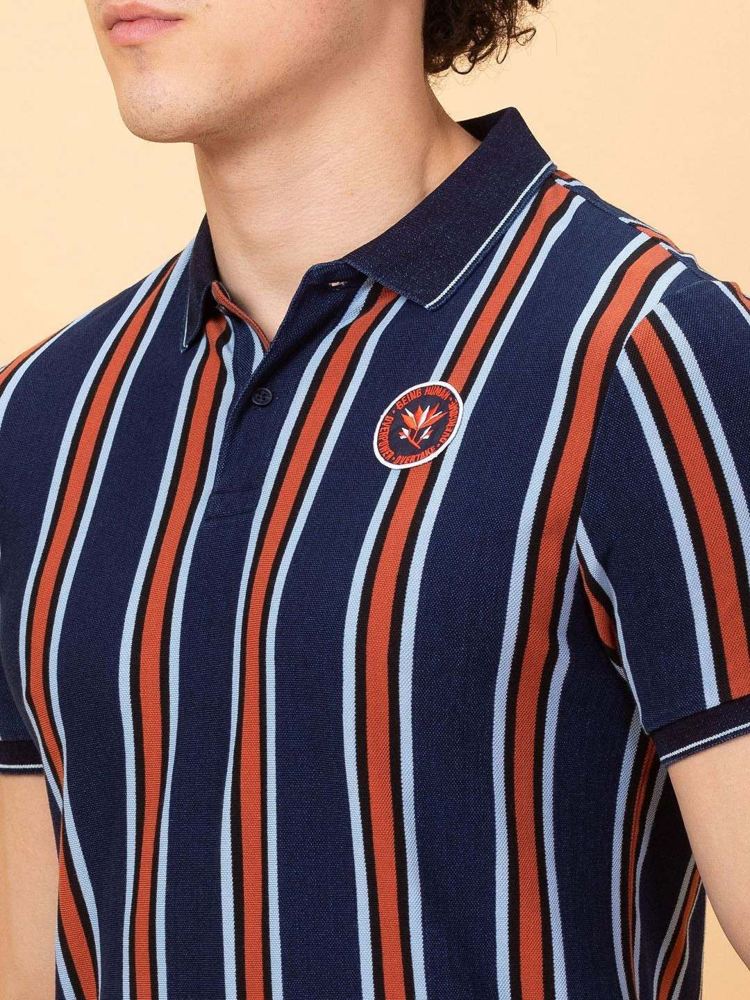 Being Human Men Striped Polo Collar Pockets T-shirt