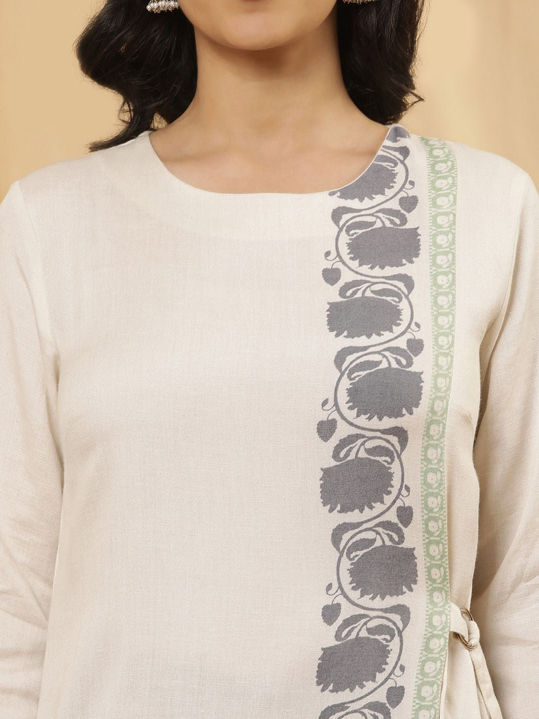 W Woven Design Floral Printed Round Neck Calf Length A-Line Kurta with Trouser