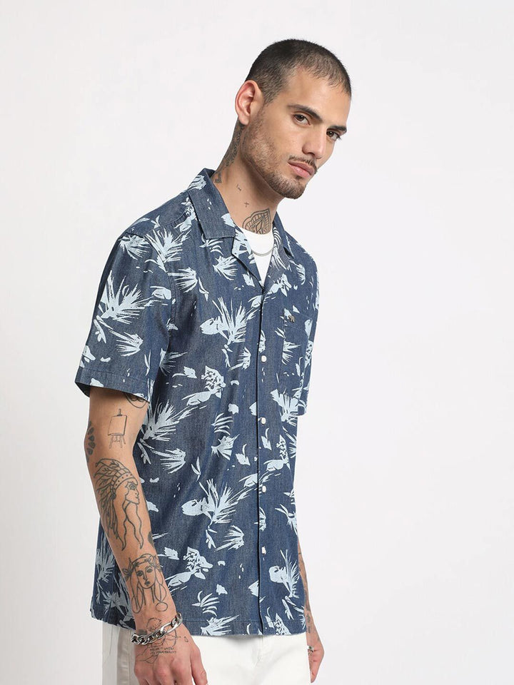 THE BEAR HOUSE Floral Printed Cuban Collar Pure Cotton Casual Shirt