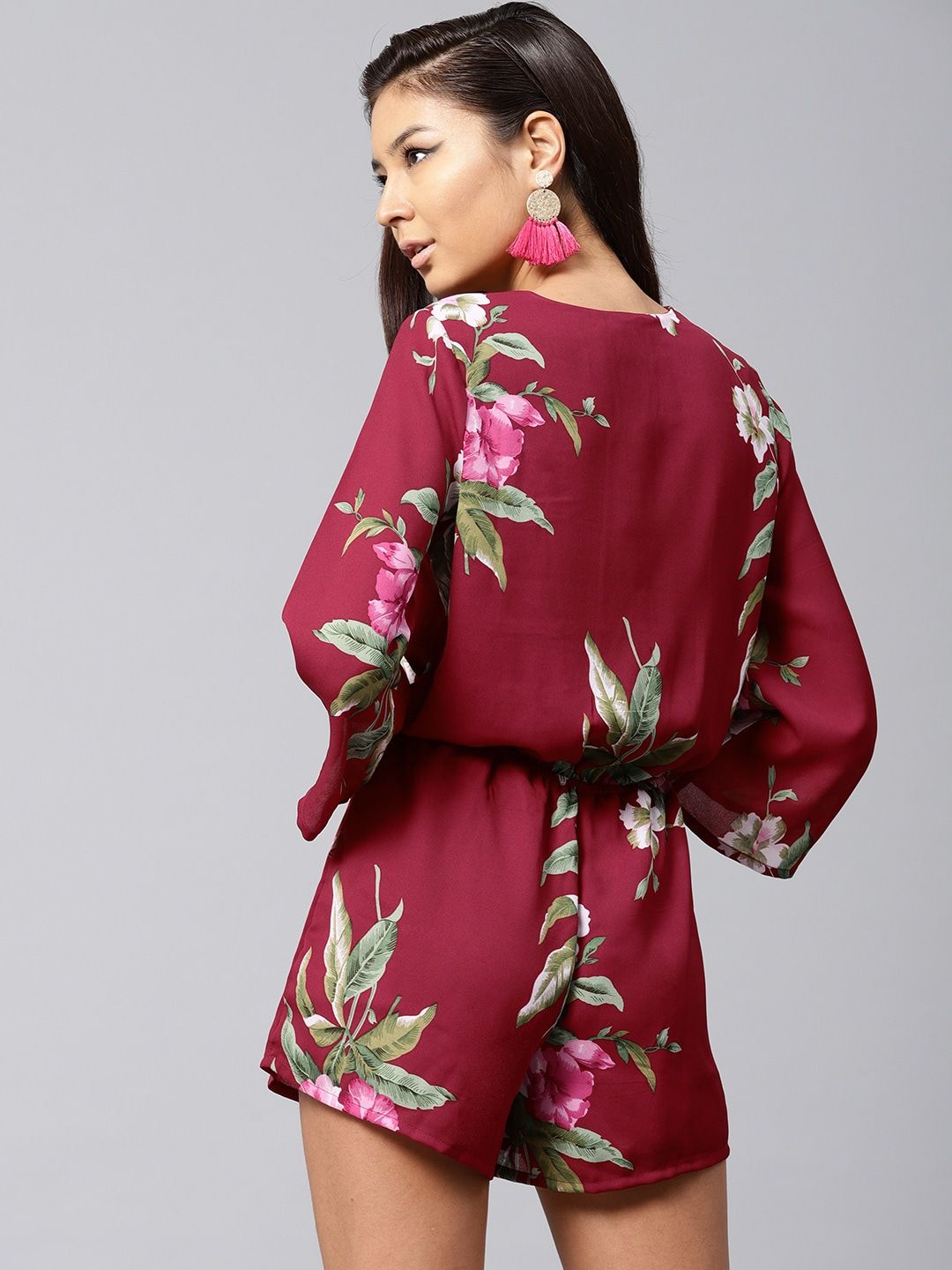 SASSAFRAS Maroon & Green Floral Print Playsuit