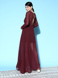 Berrylush Burgundy Swiss Dot Tied Dobby Georgette Mesh Maxi Dress