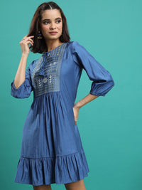 Vishudh Embroidered Tie-Up Neck Puff Sleeves Gathered A-Line Dress