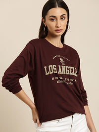 DILLINGER Women Maroon Varsity Printed Pure Cotton Oversized  T-shirt