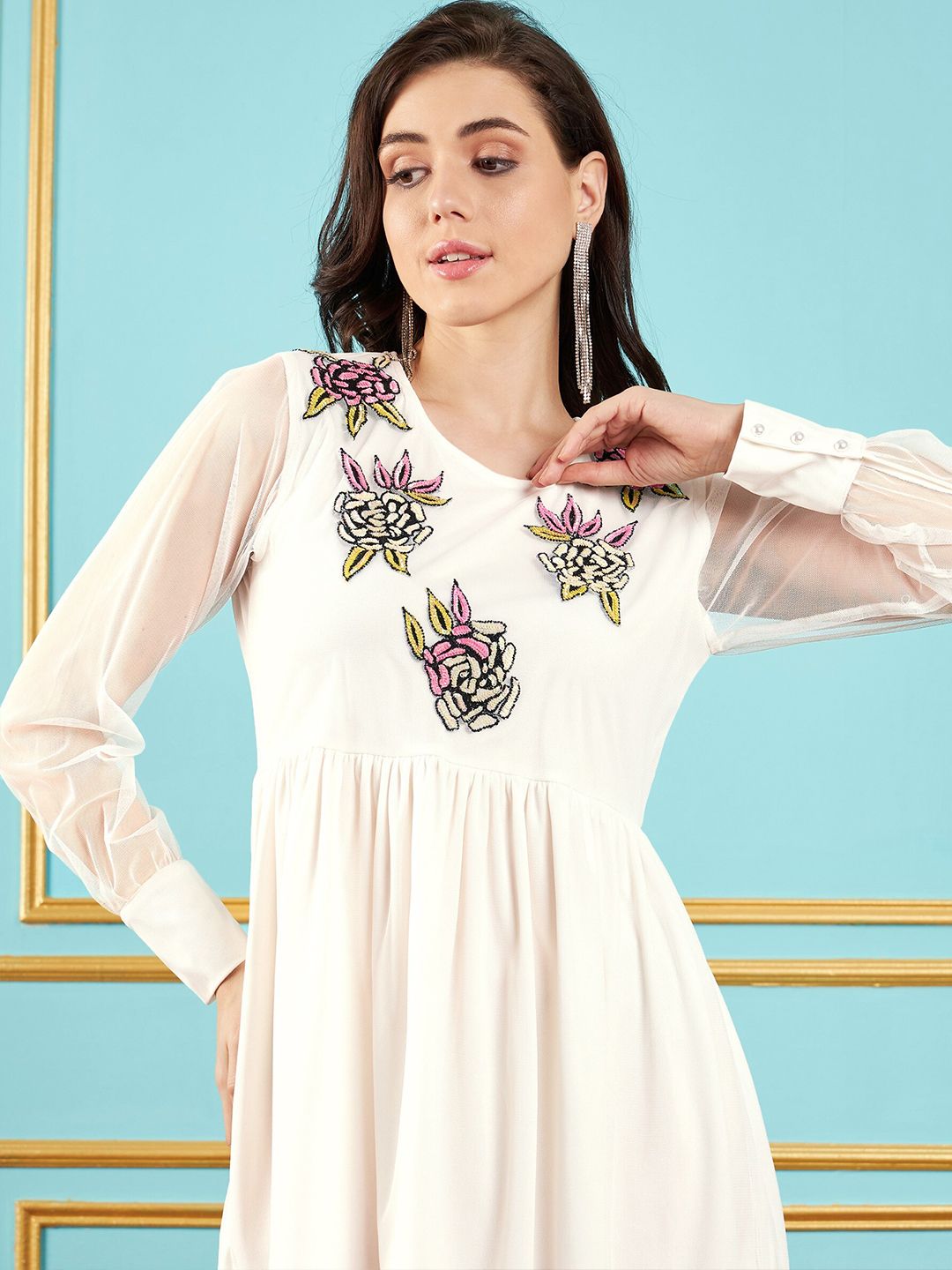 SASSAFRAS White Floral Embroidered A-Line Dress