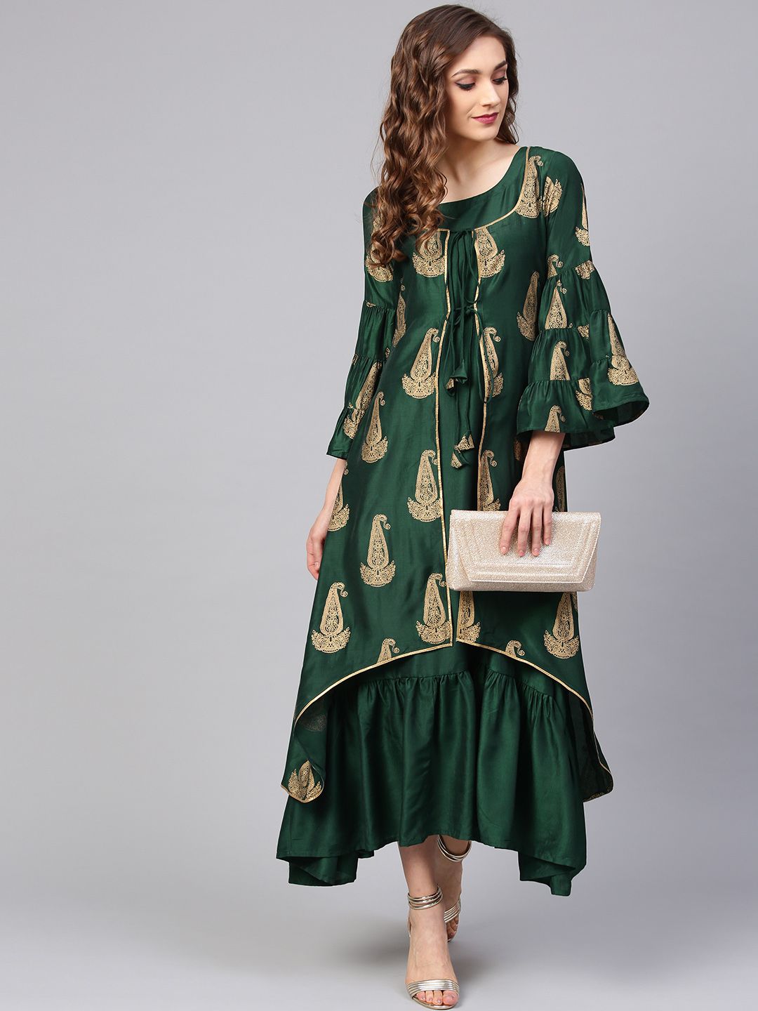 Libas Women Green & Golden Printed Maxi Dress With Ethnic Jacket