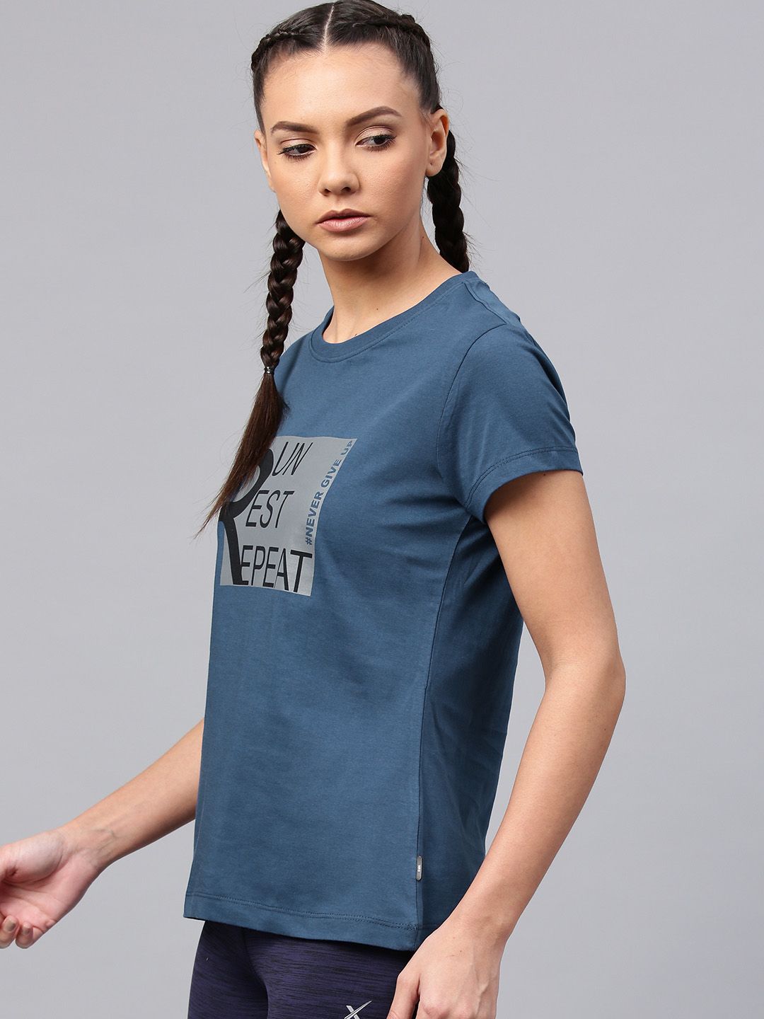 HRX by Hrithik Roshan Women Navy Blue Printed Round Neck T-shirt