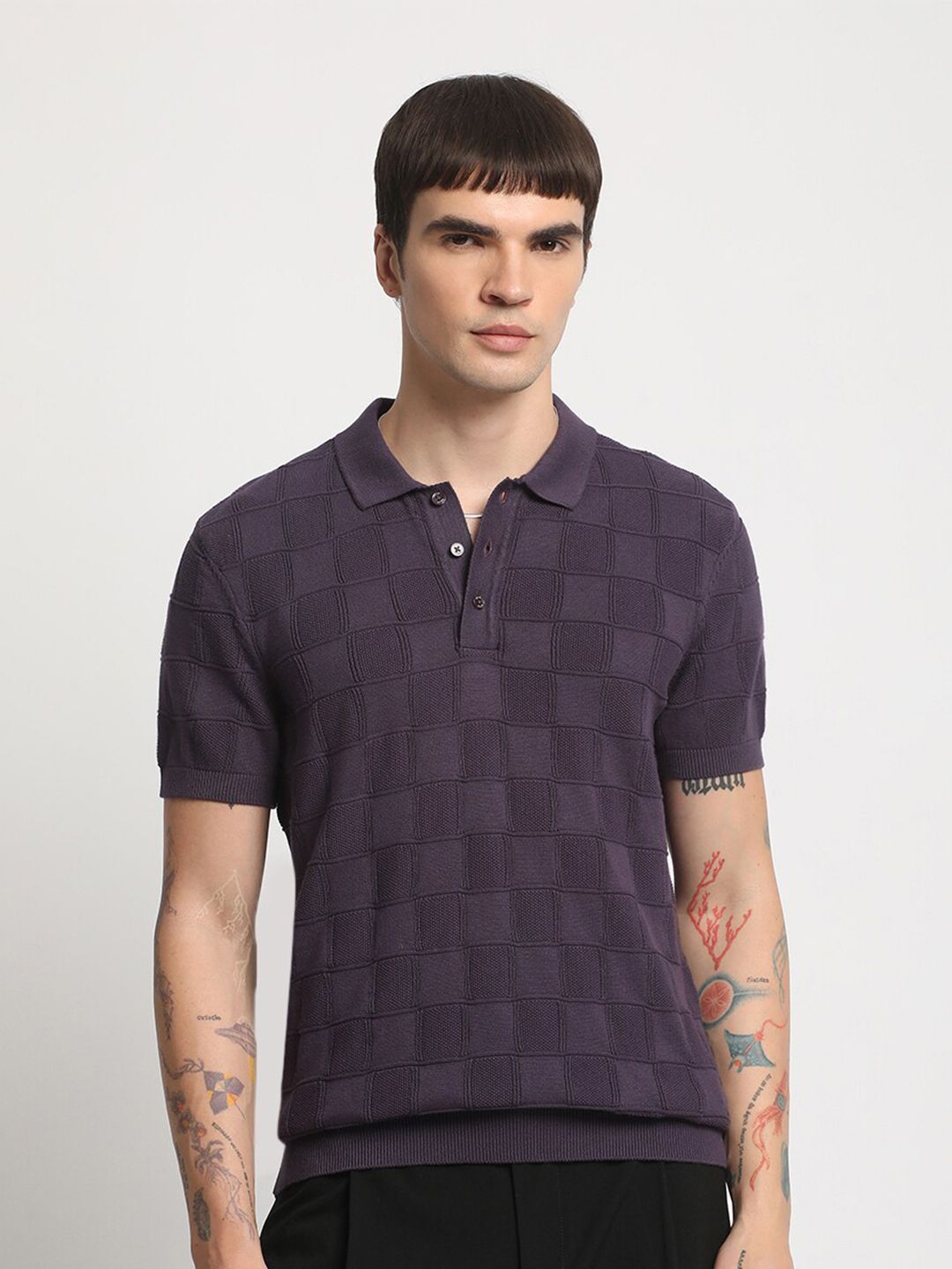 THE BEAR HOUSE Checked Polo Collar Cotton T-shirt