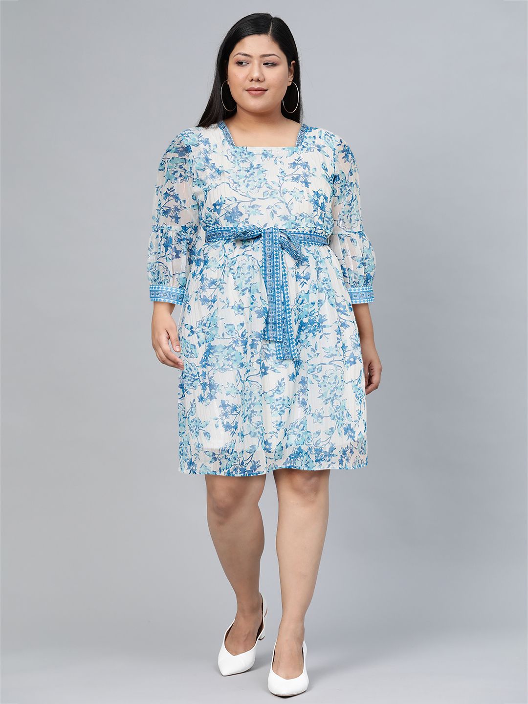 Global Desi Blue & White Floral A- Line Dress