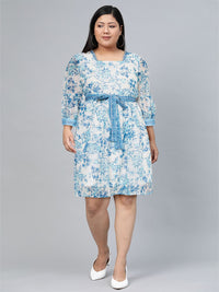 Global Desi Blue & White Floral A- Line Dress