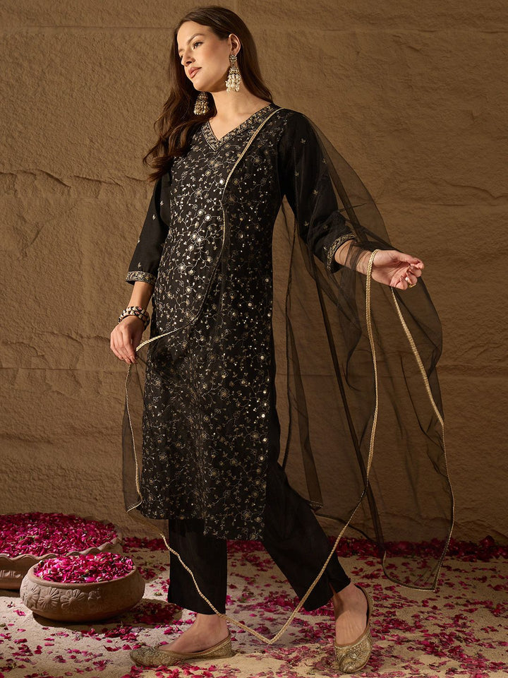 KALINI Floral Embroidered V-Neck Straight Kurta With Trousers & Dupatta