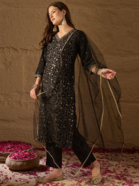 KALINI Floral Embroidered V-Neck Straight Kurta With Trousers & Dupatta