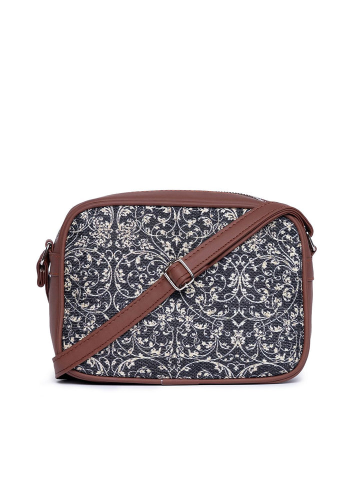 ZOUK Navy Blue & Beige Ethnic Motifs Woven Design Handcrafted Vegan Leather Sustainable Sling Bag