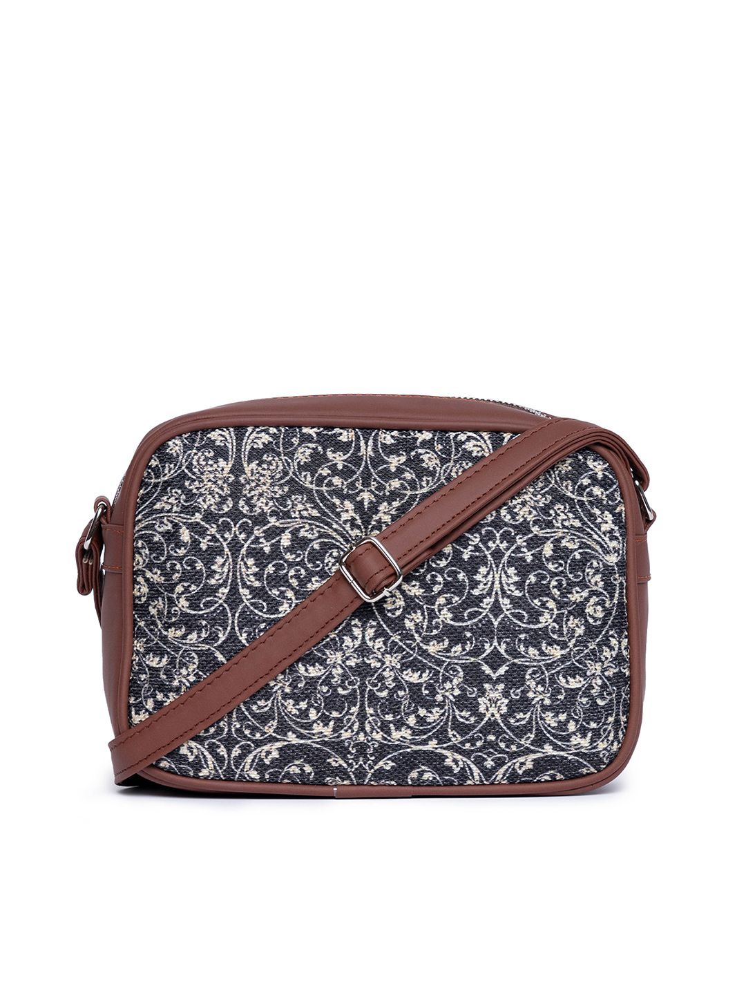 ZOUK Navy Blue & Beige Ethnic Motifs Woven Design Handcrafted Vegan Leather Sustainable Sling Bag