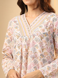 SANSKRUTIHOMES Off White & Pink Ethnic Motifs Printed Pure Cotton Night Suit