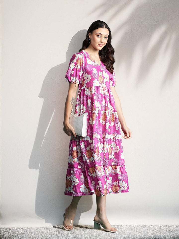 DressBerry Floral Print Puff Sleeve Tiered Midi Dress