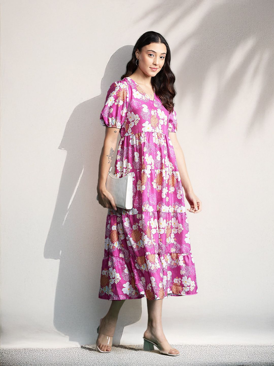 DressBerry Floral Print Puff Sleeve Tiered Midi Dress
