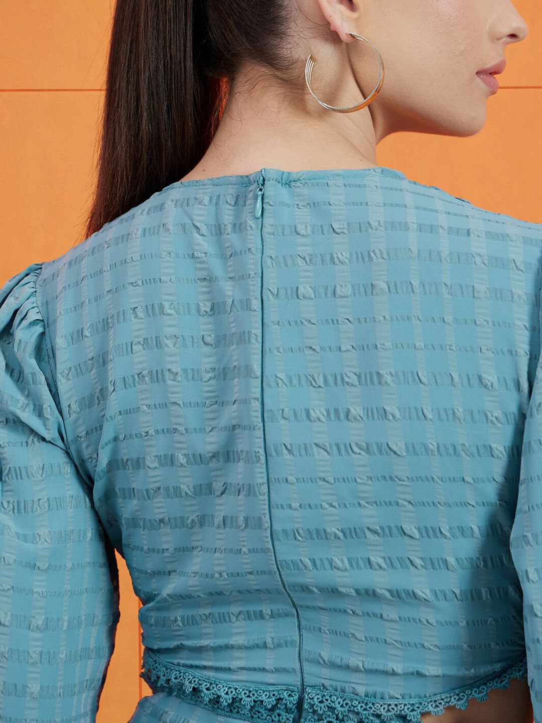 STREET 9 Self Design Round Neck Puff Sleeves Cut-Outs A-Line Dress