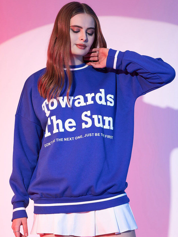 STREET 9 Blue Typography Printed Drop Shoulder Pullover Fleece Sweatshirt