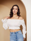 Berrylush White Off Shoulder Bell Sleeves Gathered Detail Crop Bardot Top