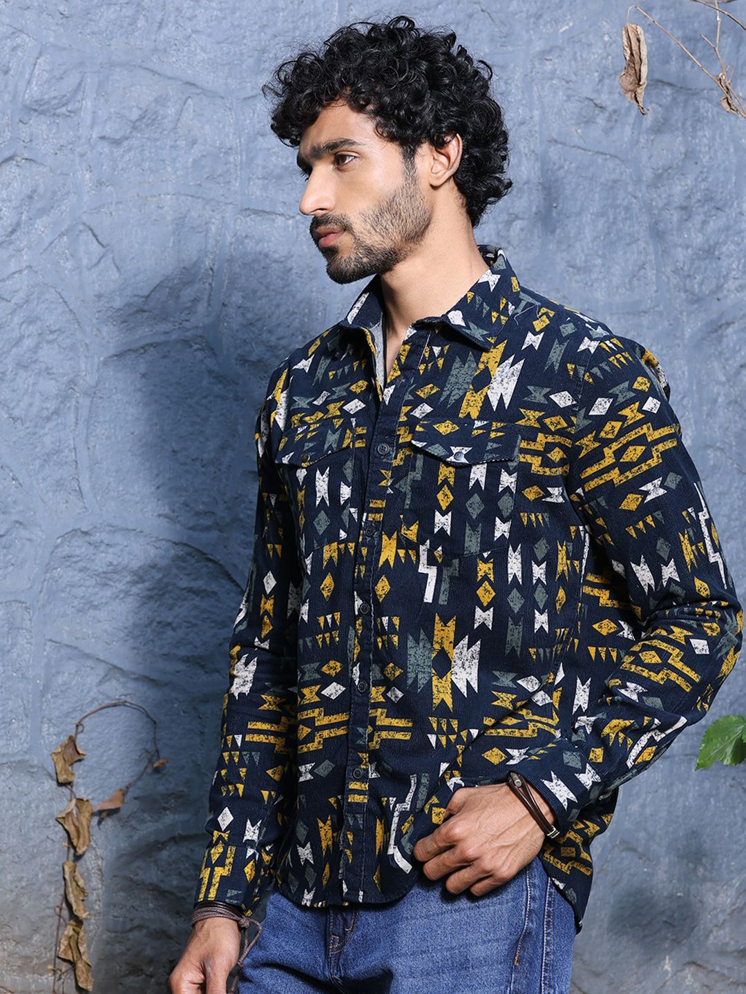 Thomas Scott Premium Slim Fit Geometric Printed Pure Cotton Corduroy Casual Shirt