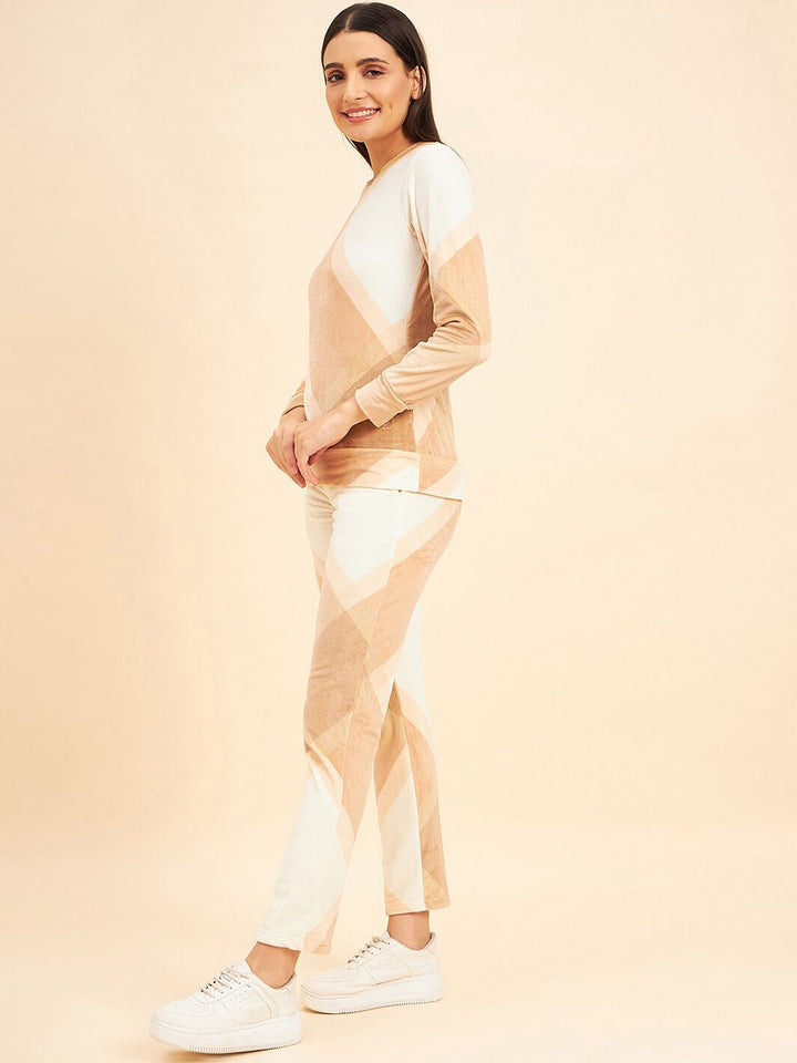 Sweet Dreams Beige & White Colourblocked Mid-Rise Tracksuits