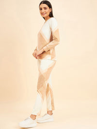 Sweet Dreams Beige & White Colourblocked Mid-Rise Tracksuits