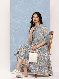 Libas Blue & Yellow Floral Print Tie-Up Neck Puff Sleeve Fit & Flare Midi Dress