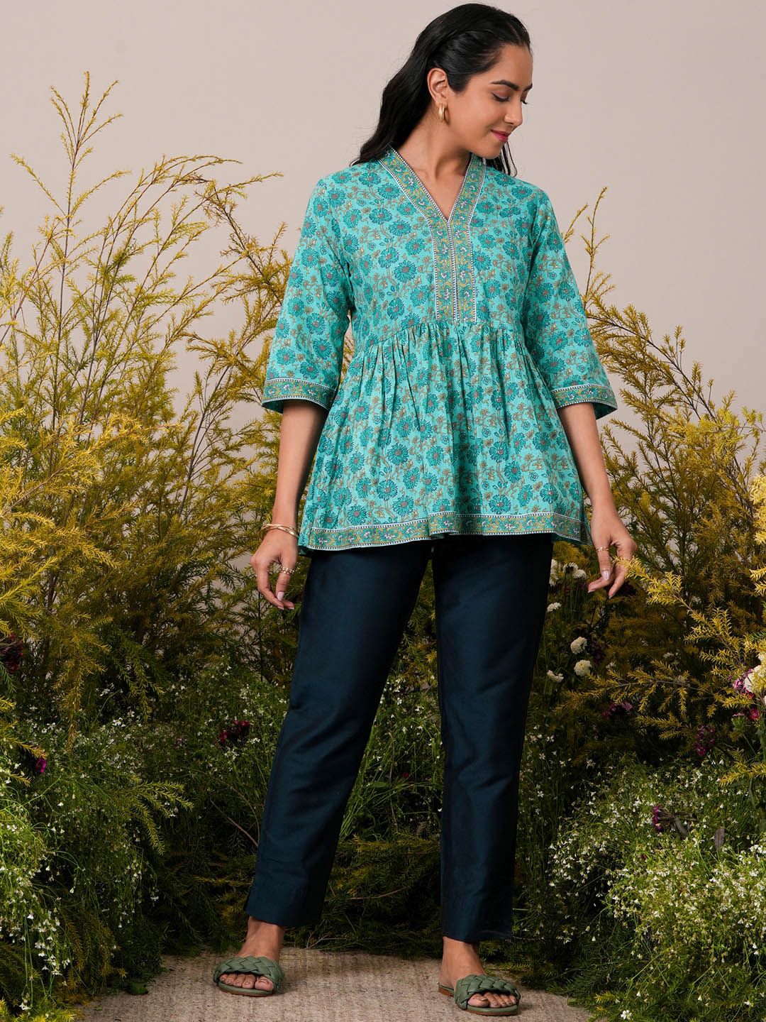 Libas Floral Block Printed V-Neck Flared Sleeves Pure Cotton Pleated A-Line Kurti